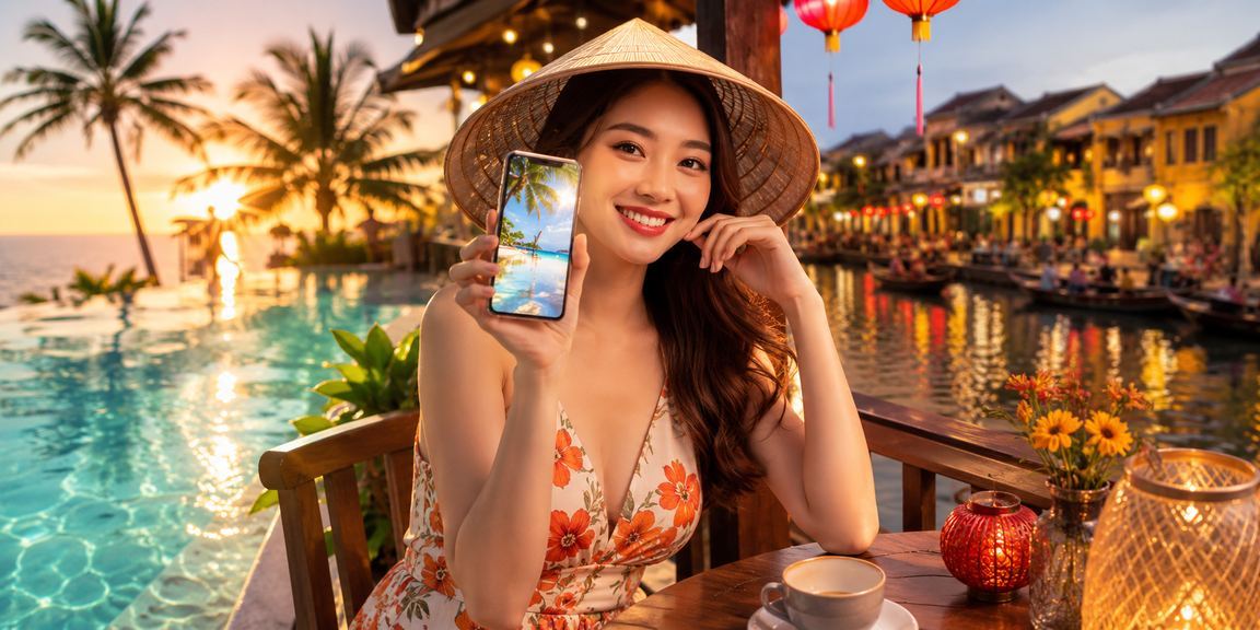 Người dùng chơi casino trên điện thoại tại quán cà phê Hội An với không khí thư giãn